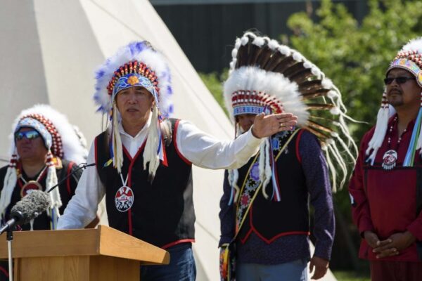 JESSE BOILY  / WINNIPEG FREE PRESS
Chief Dennis Meeches speaks at the 149 years commemoration of Treaty No. 1 at Lower Fort Garry National Historic Site on Monday. Monday, Aug. 3, 2020.
Reporter: Piche